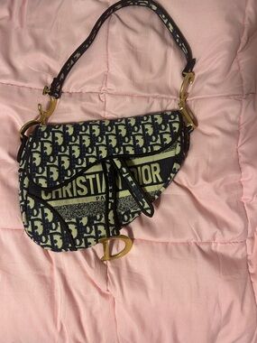 Dior Beige & Navy Oblique Saddle Bag with Gold Hardware